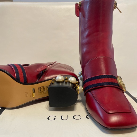Gucci Red Pearl Embellished Peyton Ankle Boots - Picture 2 of 5